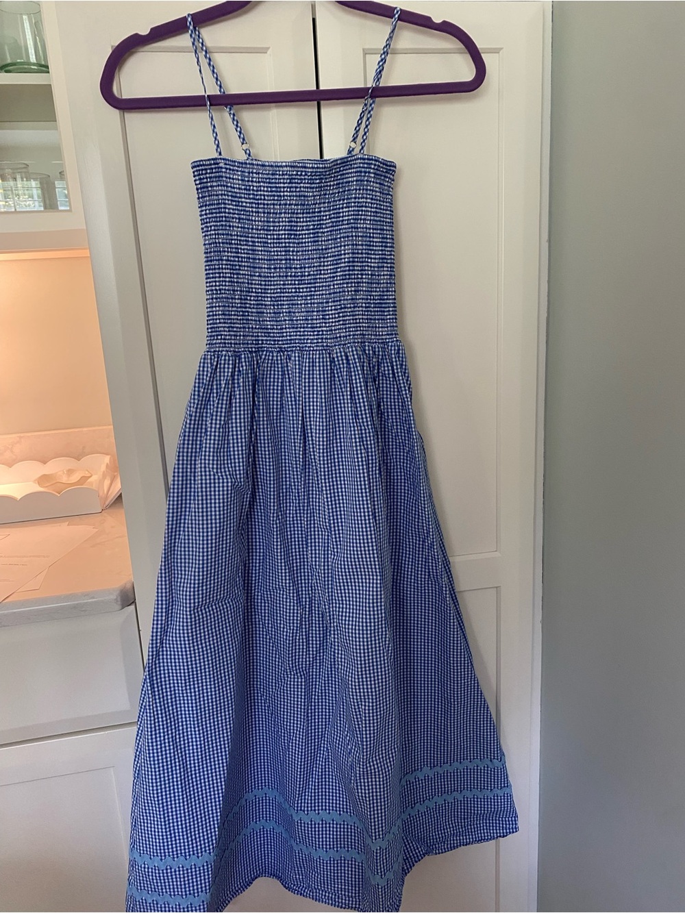 Sail to Sable Blue Gingham Smocked Strap Dress